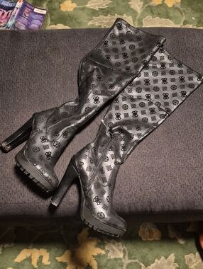 Guess Black Over-the-Knee Patterned Platform Heeled Boots